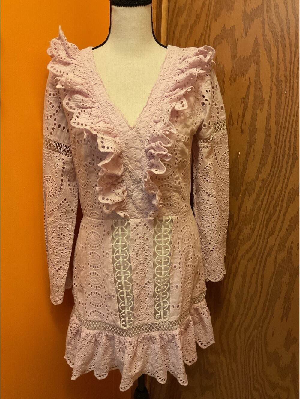 Pink Try B Boho Cottage Eyelet Lace Long Sleeve Mini Dress Size Medium